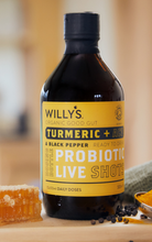Load image into Gallery viewer, Willy&#39;s Turmeric ACV with Honey &amp; Black Pepper Shots 500ml Dosing Bottle
