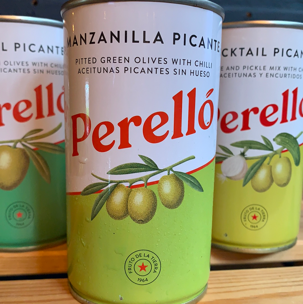 Perello Pitted Manzanilla Green Olives with Chilli 350g net 150g drained