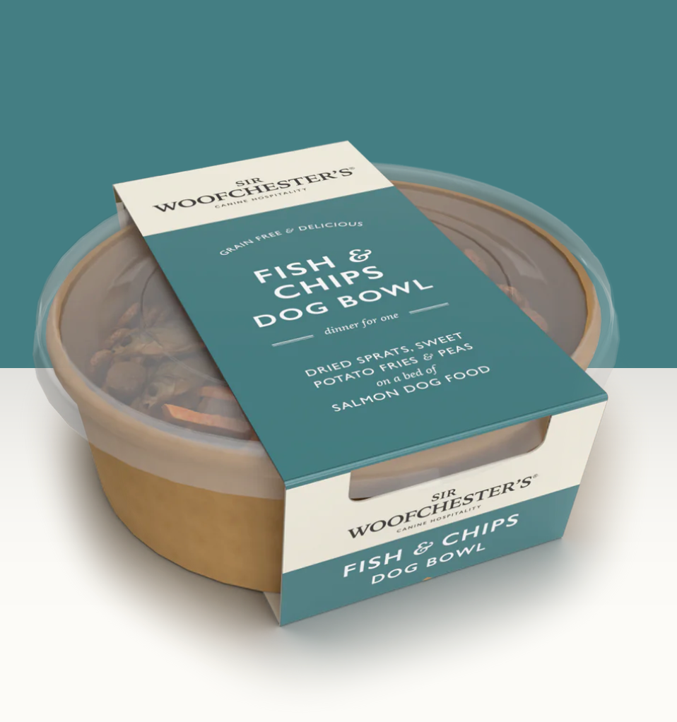Sir Woofchester's, Fish & Chips Dog Bowl  Dried sprats, sweet potato fries & peas on a bed of salmon & trout dog food Net Wt. 120g