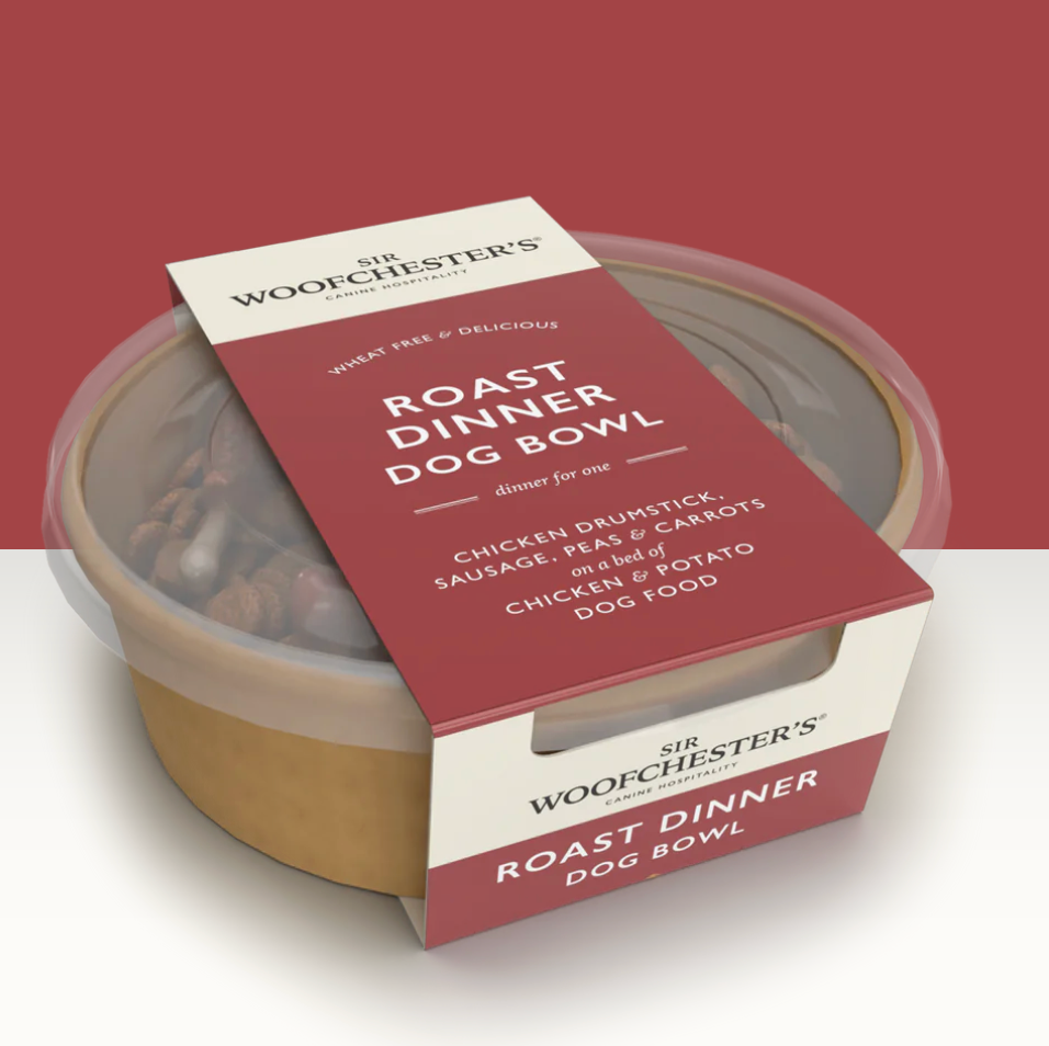 Sir Woofchester's, Roast Dinner Dog Bowl  Chicken chew, sausage, peas & carrots on a bed of chicken & potato dog food Net Wt. 120g