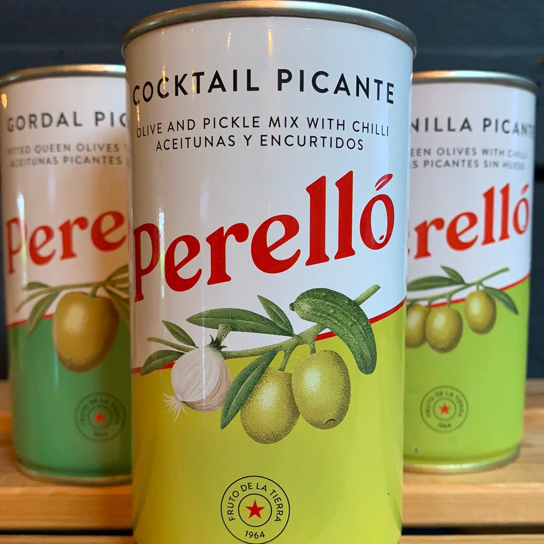 Perello Cocktail Picante, Olives with Pickle Mix & Chilli 350g net 180g drained